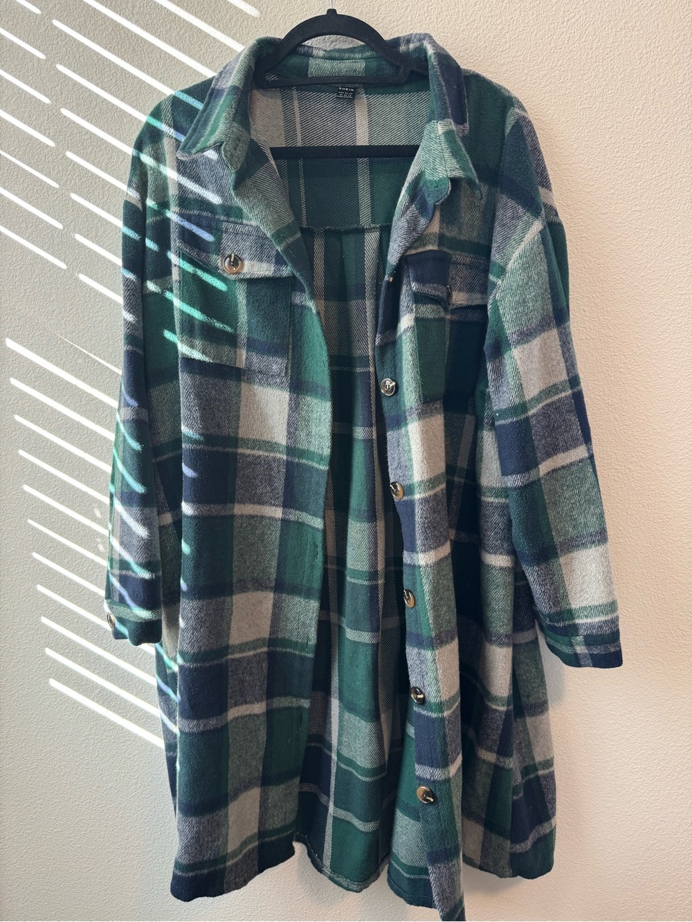 SHEIN Green and Navy Plaid Button-Front Jacket